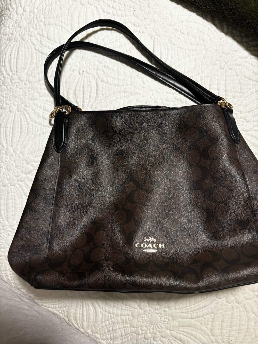 COACH Brown Signature Shoulder Bag with Black Straps